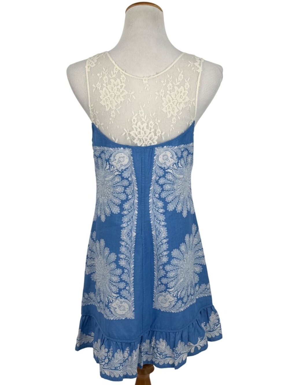 VTG Free People Crystallized Linen Crochet Lace Yoke Paisley Mini Shift Dress 10 - Picture 8 of 16